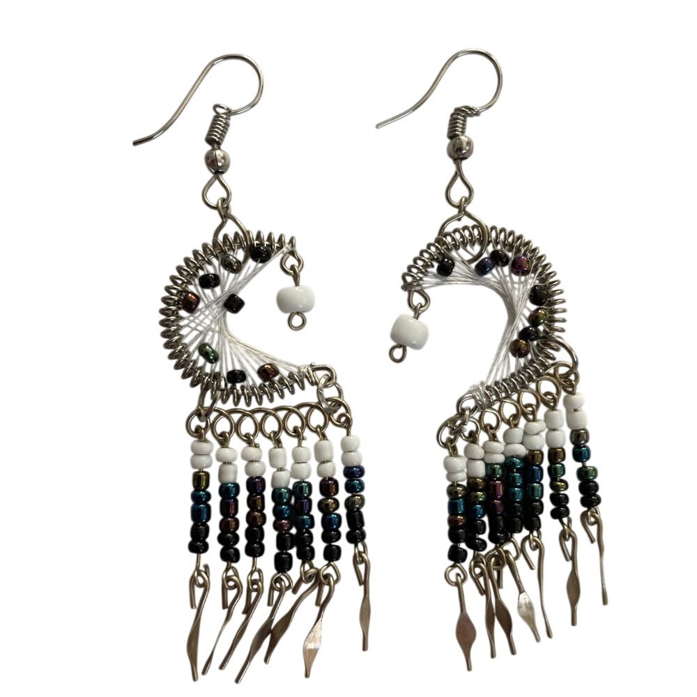 Earthy Whimsy Hand-Beaded Celestial Crescent Moon Dream Catcher Earrings